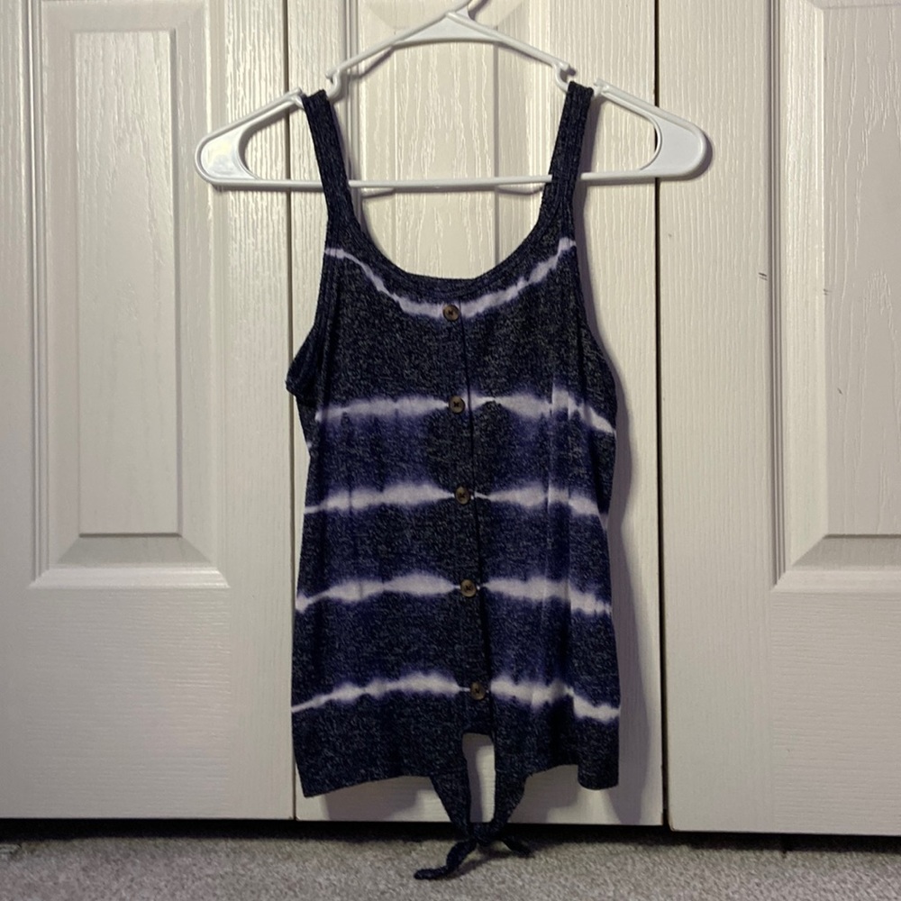 Girls tie die blue button up tank top with bottom tie.